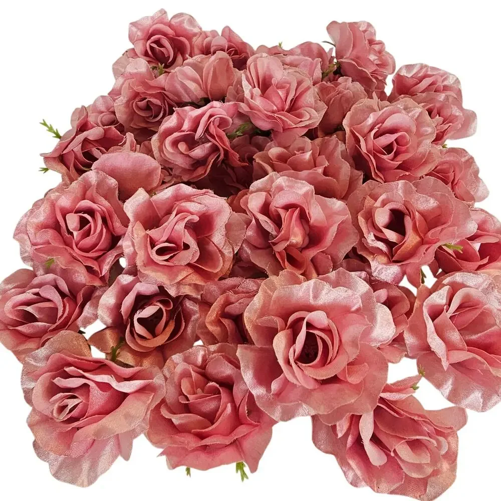 50 Pink Satin Rose Heads Stemless Wedding Floral Craft DIY 2.5in Flowers
